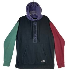 Welcome Skateboards Hoodie L Black Trio Colorblock Pocket Runic Logo Embroidered
